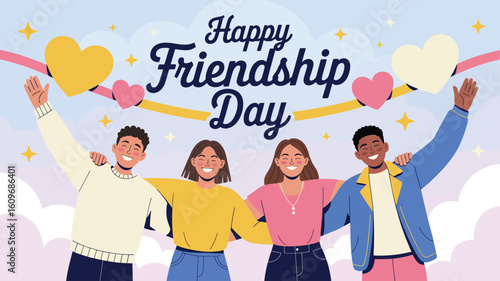 Happy Friendship Day illustration with four friends smiling, arms around each other, surrounded by colorful hearts, stars, and clouds
