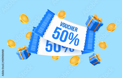 3d curved blue card voucher cashback template with coupon code, bar code, percentage off, flying gift boxes and golden coins. Gift vouchers and coupons in 3d vector illustration. Vector illustration