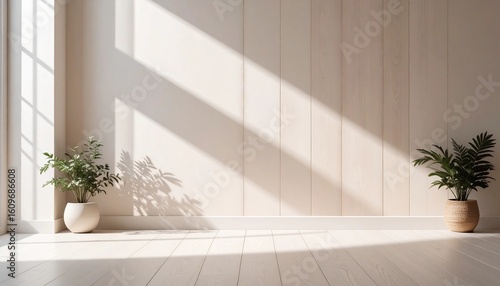 Sunlit modern interior with plants and wood paneling creates a bright and airy minimalist vibe