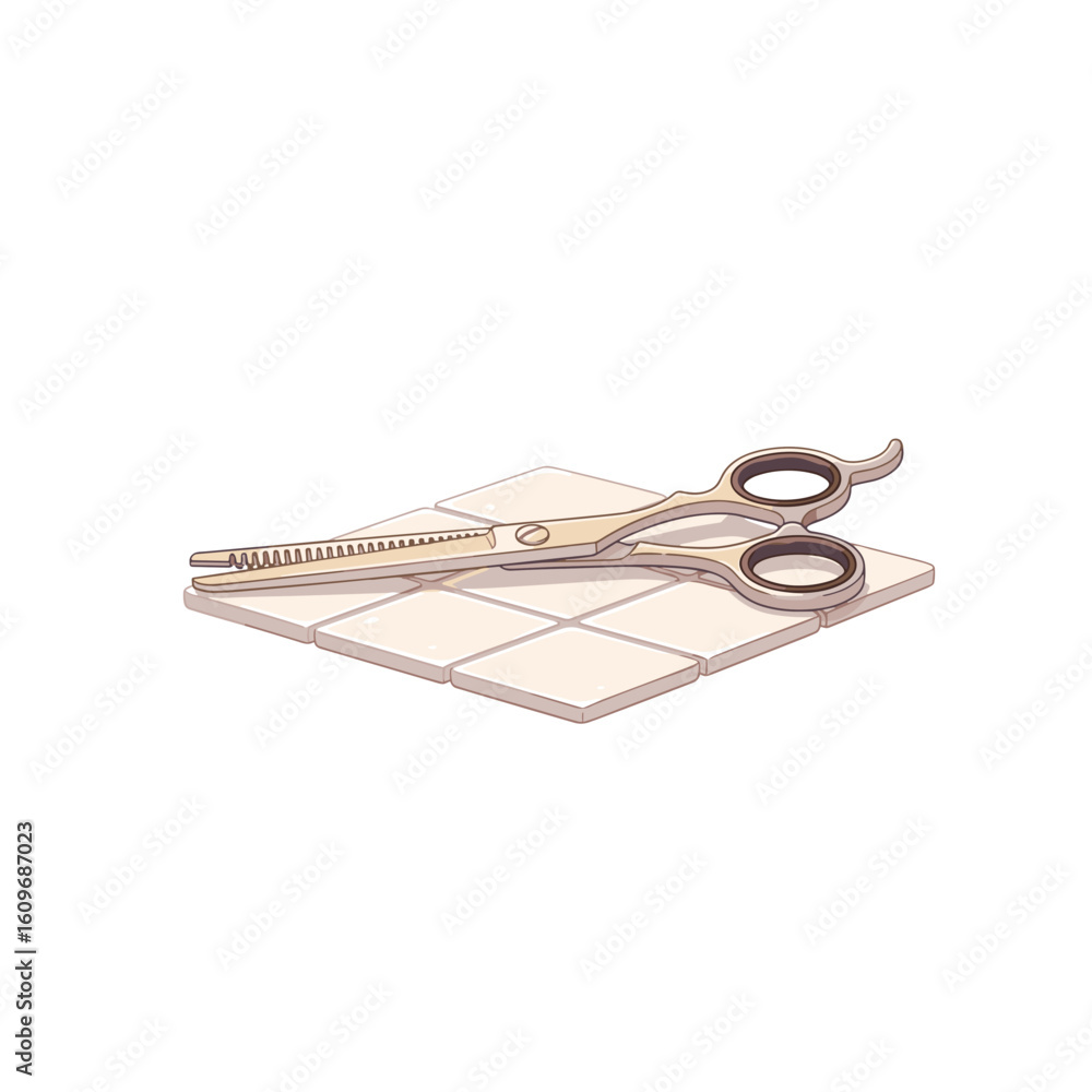 Fototapeta premium Hairdressing scissors placed on a tiled surface in a salon setting