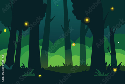 quiet forest with glowing fireflies