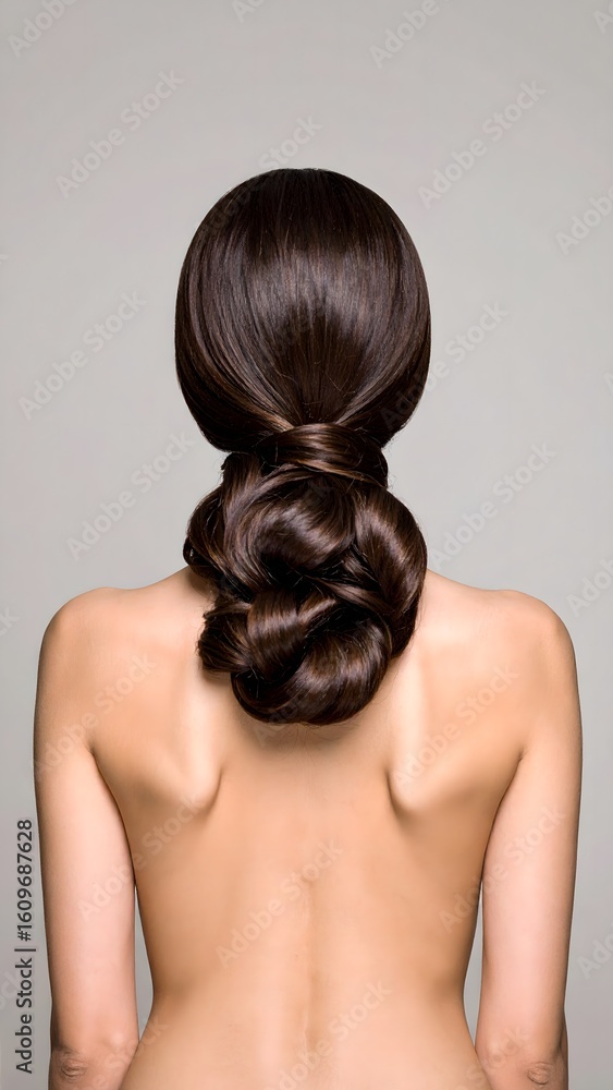 Fototapeta premium Elegant twisted low bun hairstyle with smooth, glossy hair, perfect for weddings and formal occasions.