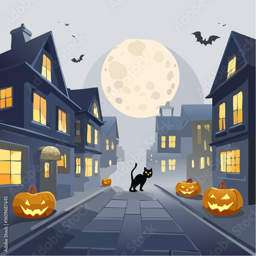 Halloween Street: Eerie, stylized image of a Halloween night scene with a spooky street lined with houses. Includes jack-o'-lanterns, a black cat, a full moon, and bats.