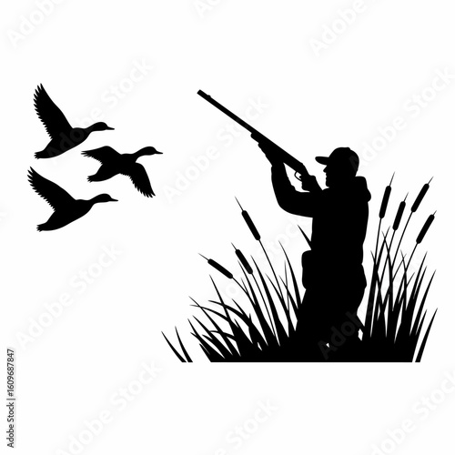 Hunting Silhouette with Ducks and Reeds Illustration