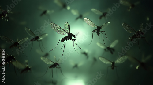 Swarm of Mosquitoes on Green Background Disease Carriers Insect Infestation