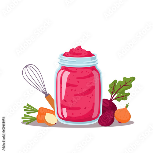 Jar of pink vegetable puree with whisk and fresh ingredients  