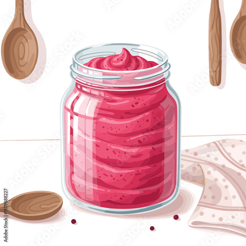 Beet hummus in glass jar on white background  
