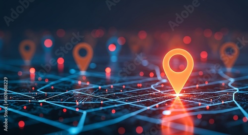 Glowing map pins highlight routes on a digital network
