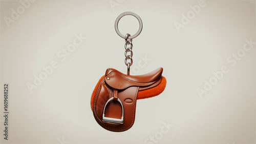 A detailed product photo of a brown leather English saddle keychain against a pure white background