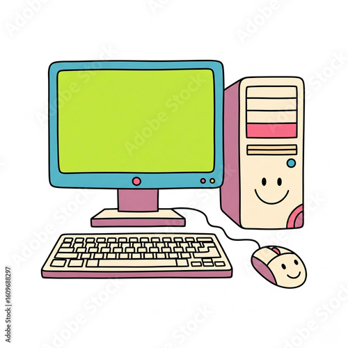 A cartoon vector illustration of a desktop computer in hand-drawn style, featuring a monitor, keyboard, and mouse.