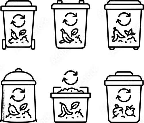 Black And White Compost Bin Vector Icons Set With Organic Waste And Recycling Symbols On White Backg 