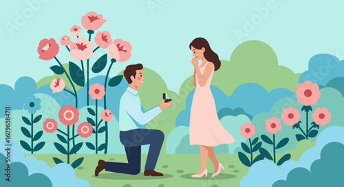 Man proposing to woman with flowers in garden setting  