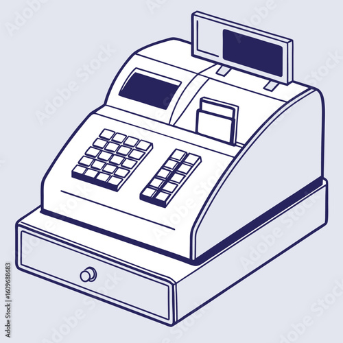 Vector art of a vintage cash register with a display, keypad, and cash drawer