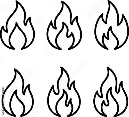 Fire flame black line icon set white background illustration 
