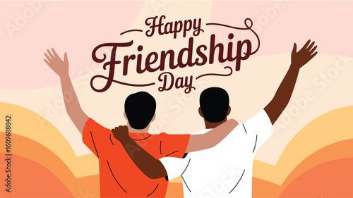 Happy Friendship Day illustration with two friends embracing, raised arms, and warm orange-yellow gradient background symbolizing joy and unity