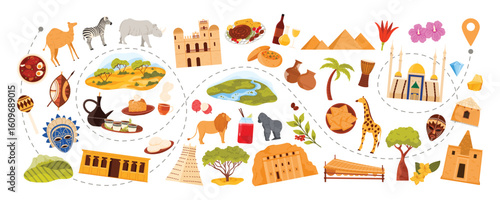 Travel to Africa, African culture elements, cuisine and nature, animals and landmarks on tourist route across continent. Egyptian pyramids, savannah, ancient temples cartoon vector illustration