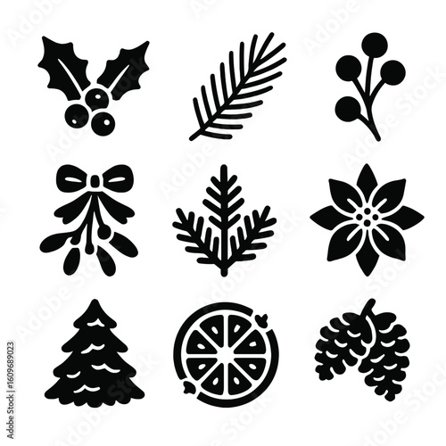 Winter Flora Icons. Solid style icons of winter flora and plants: holly with berries, pine branch icon, red winter berries,