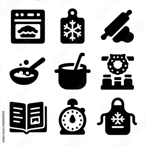 Holiday Cooking Icons. Solid style icons of holiday cooking essentials: oven with pie, cutting board with snowflake, rolling pin