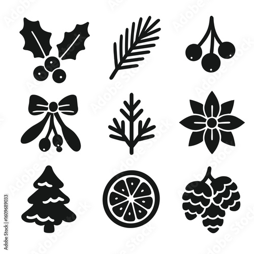 Winter Flora Icons. Solid style icons of winter flora and plants: holly with berries, pine branch icon, red winter berries,