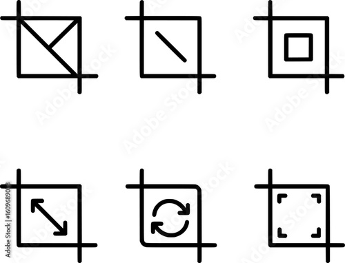 Image cropping tool vector icon set collection white background black line art 