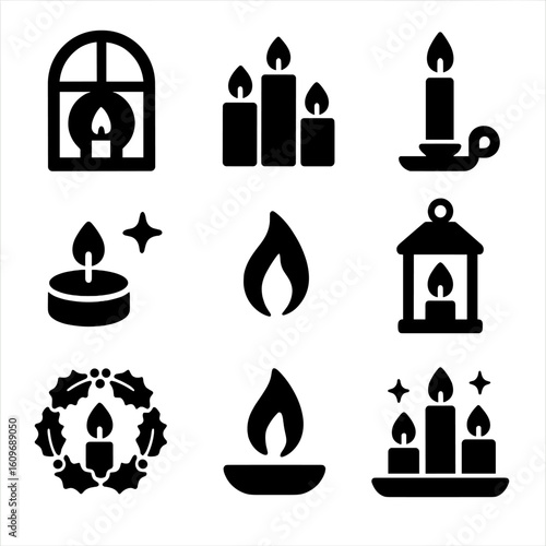 Candlelight Icon Set. Solid style icons of candlelight windows and lights: window with candle glow, trio of votives, taper in