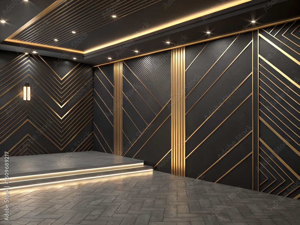 Obraz premium Dark room with gold geometric accents and illuminated stage interior platform