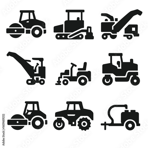 Roadwork Machines Icons. Solid style icons of roadwork machines: road roller, asphalt paver, cold planer, milling machine, line