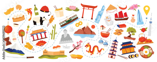 Travel to East Asia, Asian culture elements, cuisine and nature, animals and landmarks on tourist trip to destination. Great Wall of China and pagoda, mountain and sakura cartoon vector illustration