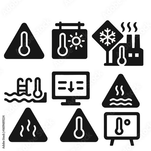 Temperature Warning Icons. Solid style icons of temperature-related warning and signage: caution icon with thermometer, workplace