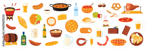 Food and drink of Central and Eastern Europe set. Swiss fondue and Austrian Sacher cake, apple strudel and Poland dumplings, German hot dog and beer, Czech pork knuckle cartoon vector illustration