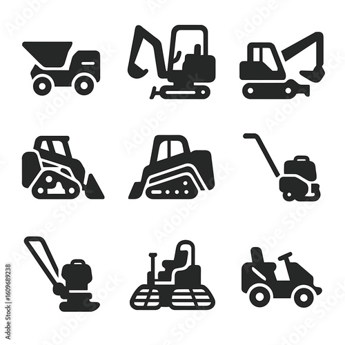 Compact Construction Icons. Solid style icons of compact construction vehicles: mini dumper, micro excavator, compact telehandler,