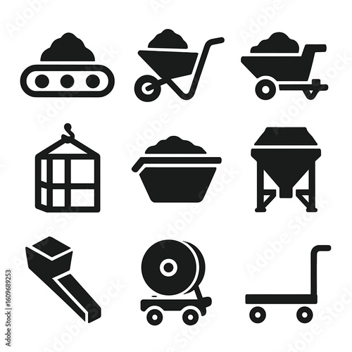Material Transport Icons. Solid style icons of materials transport systems: conveyor belt, wheelbarrow, dumper cart, lift cage,