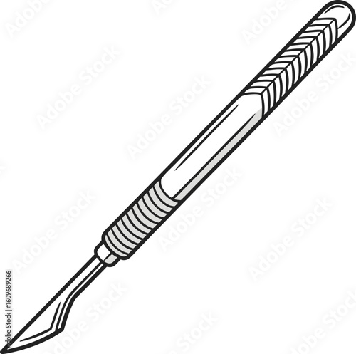 Vector art of a detailed illustration of a surgical scalpel with a textured handle, isolated on a white background