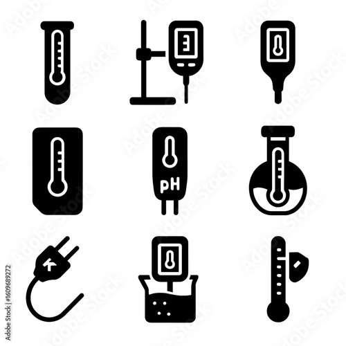 Lab Thermometer Icons. Solid style icons of specialized lab thermometers: test tube thermometer, lab stand with sensor, precision