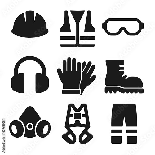 Construction Safety Icons. Solid style icons of construction safety gear: hard hat, reflective vest, safety goggles, hearing