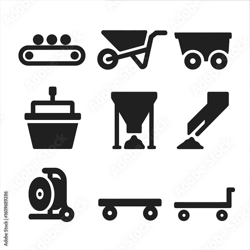Material Transport Icons. Solid style icons of materials transport systems: conveyor belt, wheelbarrow, dumper cart, lift cage,