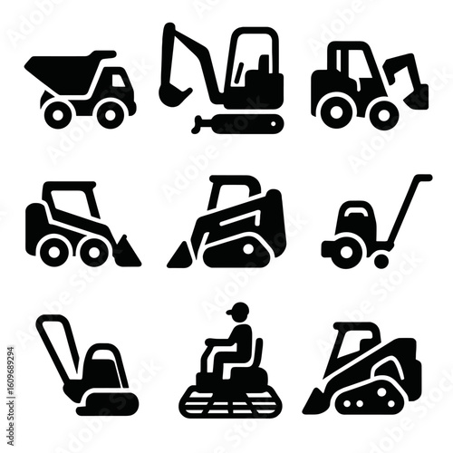 Compact Construction Icons. Solid style icons of compact construction vehicles: mini dumper, micro excavator, compact telehandler,