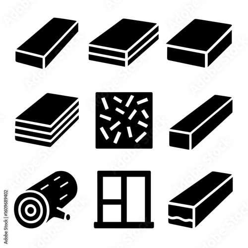 Wood Product Icons. Solid style icons of wood and timber products: wooden plank, laminated board, MDF panel, plywood sheet,
