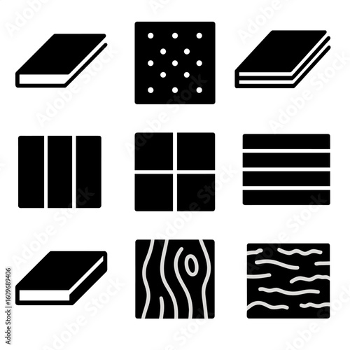 Panel Style Icons. Solid style icons of wall and ceiling panels: drywall sheet, acoustic tile, plasterboard, panel board, ceiling