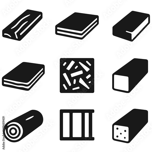 Wood Product Icons. Solid style icons of wood and timber products: wooden plank, laminated board, MDF panel, plywood sheet,