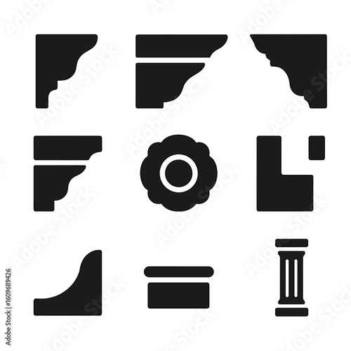 Interior Trim Icons. Solid style icons of interior trim and moldings: baseboard, chair rail, crown molding, door casing, corner