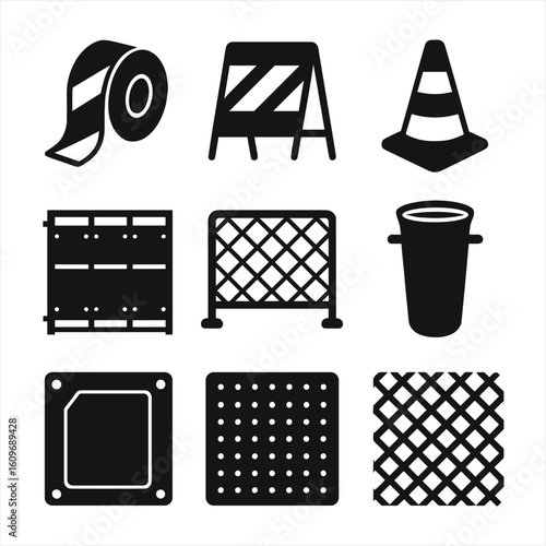 Safety Materials Icons. Solid style icons of safety construction materials: caution tape, reflective board, warning cone, scaffold
