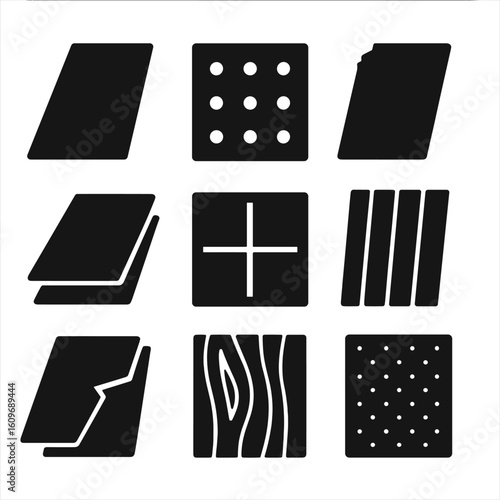 Panel Style Icons. Solid style icons of wall and ceiling panels: drywall sheet, acoustic tile, plasterboard, panel board, ceiling