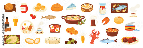 Food and drink of Northern European cuisine set. Danish sandwich Smorrebrod, Swedish Meatballs Kottbullar, Finnish Salmon Soup and cheese, Norwegian Lutefisk, bread cartoon vector illustration
