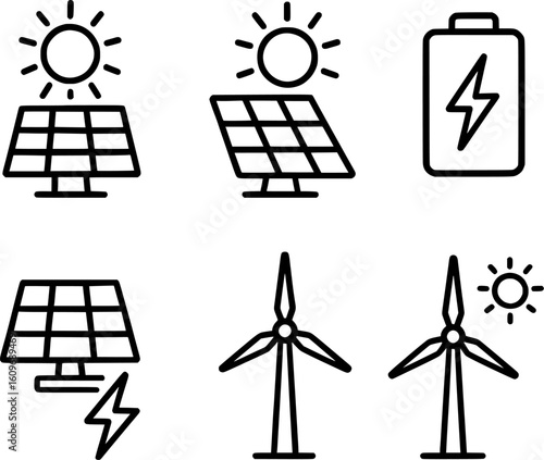 Renewable Energy Cell Vector Icon Set Black Outline Collection 
