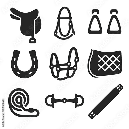 Equestrian Equipment Icons. Solid style icons of equestrian equipment: riding saddle, bridle, stirrups, horseshoe, halter, saddle