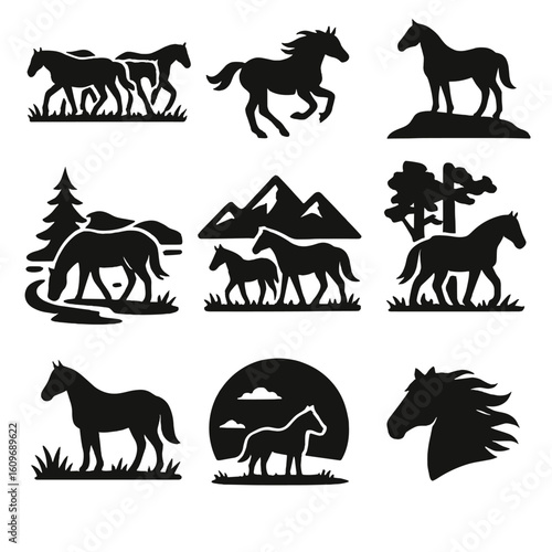 Wild Horses Icons. Solid style icons of wild horses and nature: herd of horses, wild horse gallop, horse on hill, horse by river,