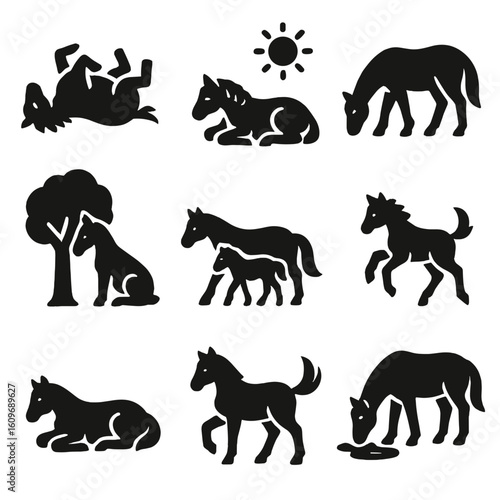 Horse Pasture Icons. Solid style icons of horse pasture behavior: horse rolling, napping in sun, grazing, scratching on tree, herd