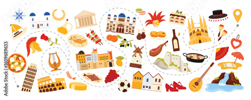 Travel to Southern Europe, culture elements set, food and buildings on route of journey. Pizza and olive oil, Colosseum and Parthenon, Flamenco shoes and maracas, guitar cartoon vector illustration