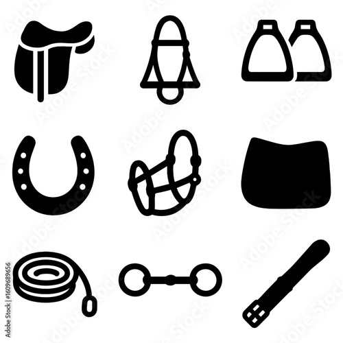 Equestrian Equipment Icons. Solid style icons of equestrian equipment: riding saddle, bridle, stirrups, horseshoe, halter, saddle